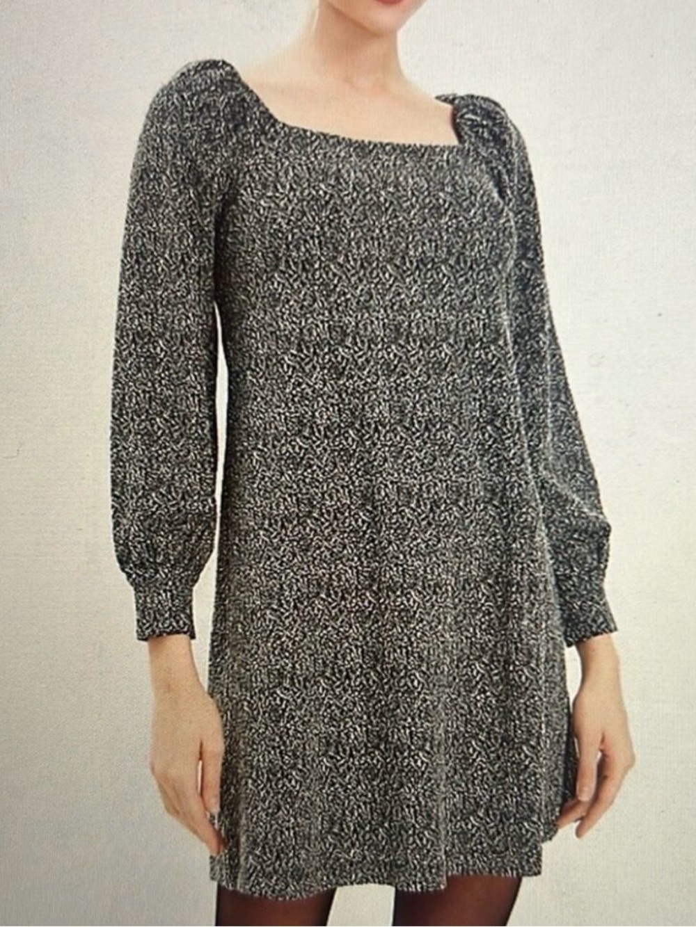 LOFT Black and White Square-Neck Long Sleeve Mini Dress - Size: Extra Small